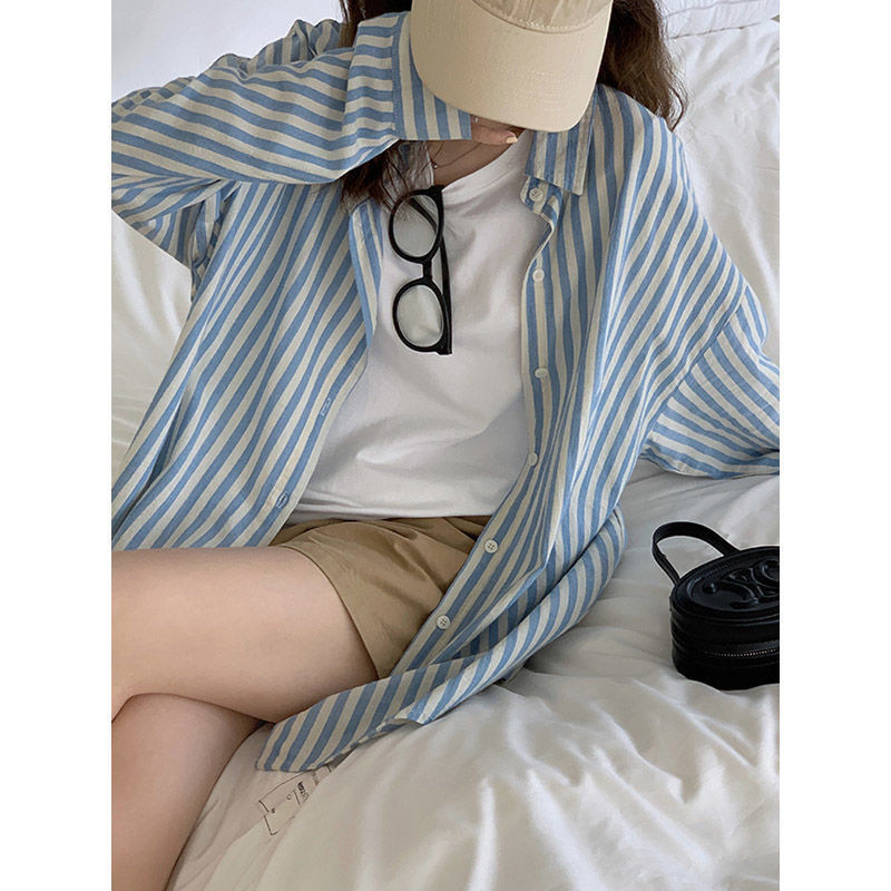 Grigio temperament, sun protection, breathable, vertical stripes, loose, casual, versatile long-sleeved shirt, trendy brand, versatile summer style