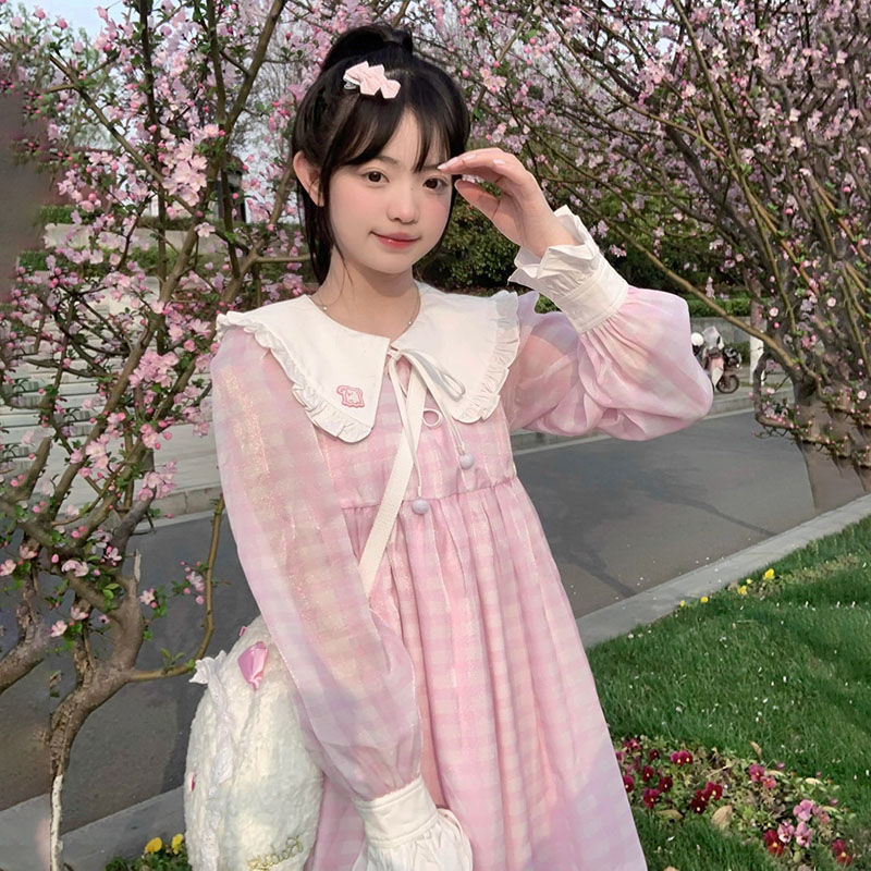 甜美可愛娃娃領格紋系帶連衣裙女學生寬鬆顯瘦小個子學院風a字裙