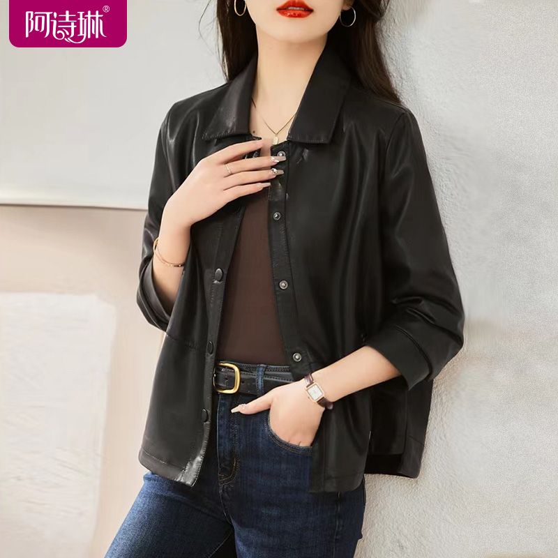 High-end leather casual jacket for women 2023 autumn fashion slim short middle-aged mother simple soft leather jacket 293