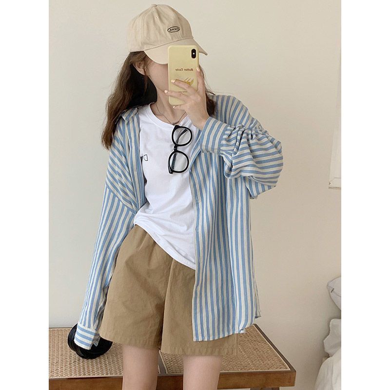 Grigio temperament, sun protection, breathable, vertical stripes, loose, casual, versatile long-sleeved shirt, trendy brand, versatile summer style