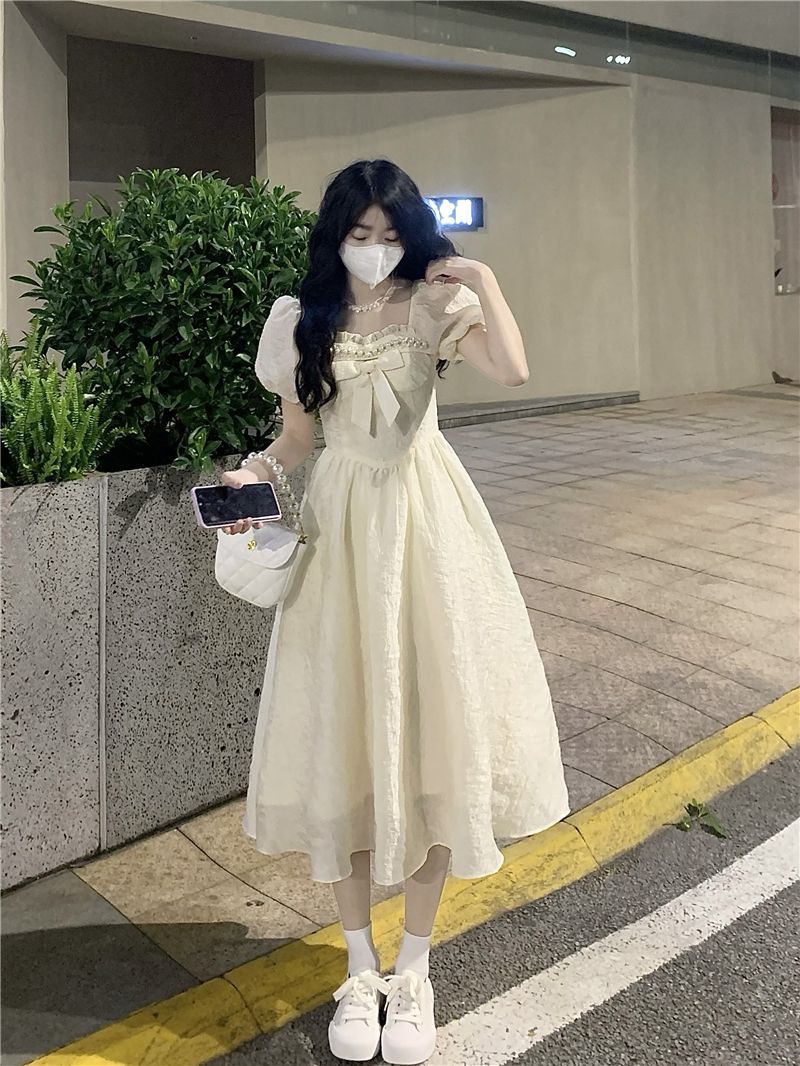 Plus size women's sweet and cute dress niche design bowknot puff sleeves long princess dress for women
