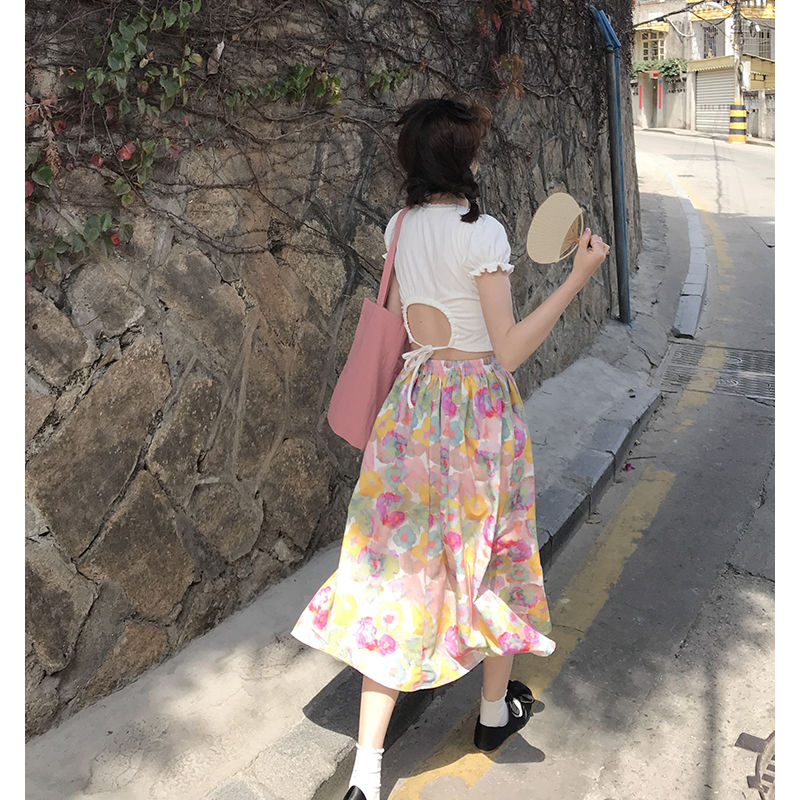 Oil painting flower suit high-end feeling niche floral skirt a-line umbrella skirt + slimming camisole female summer