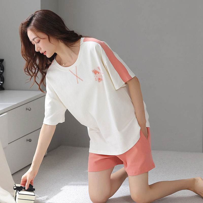 Alluring 100% cotton pajamas for women summer short-sleeved shorts two-piece suit loose large size can be worn outside home clothes for women
