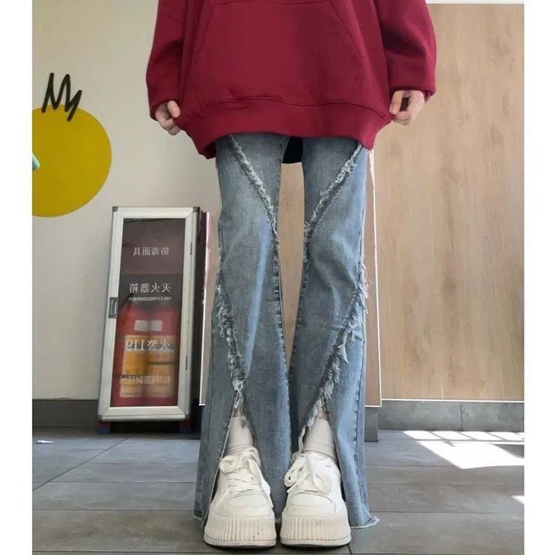 復古開叉彈力微喇叭牛仔褲女春季新款高腰修身顯瘦百搭拖地褲潮