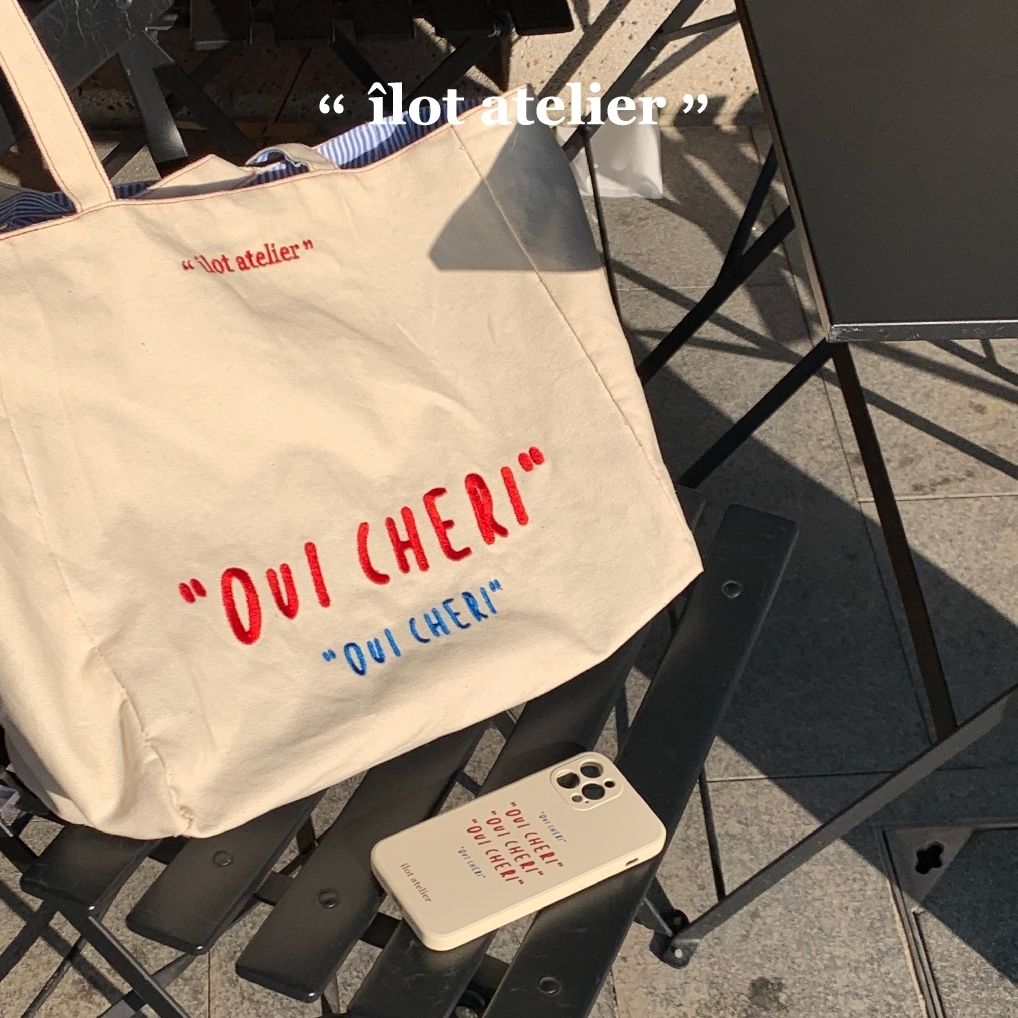 ILOT|「oui cheri」法語刺繡條紋雙面可用純色帆布包托特環保袋