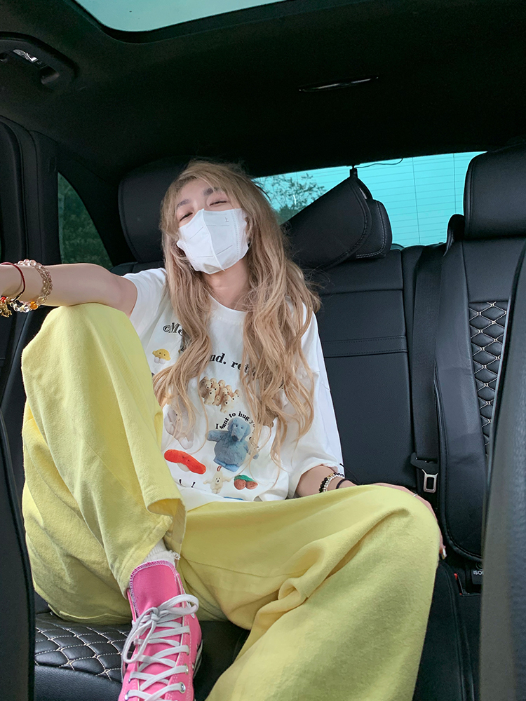 夏季新款美式復古黃色破洞牛仔褲子女設計感寬鬆顯瘦直筒褲ins潮