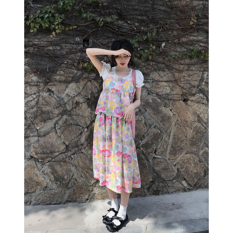 Oil painting flower suit high-end feeling niche floral skirt a-line umbrella skirt + slimming camisole female summer