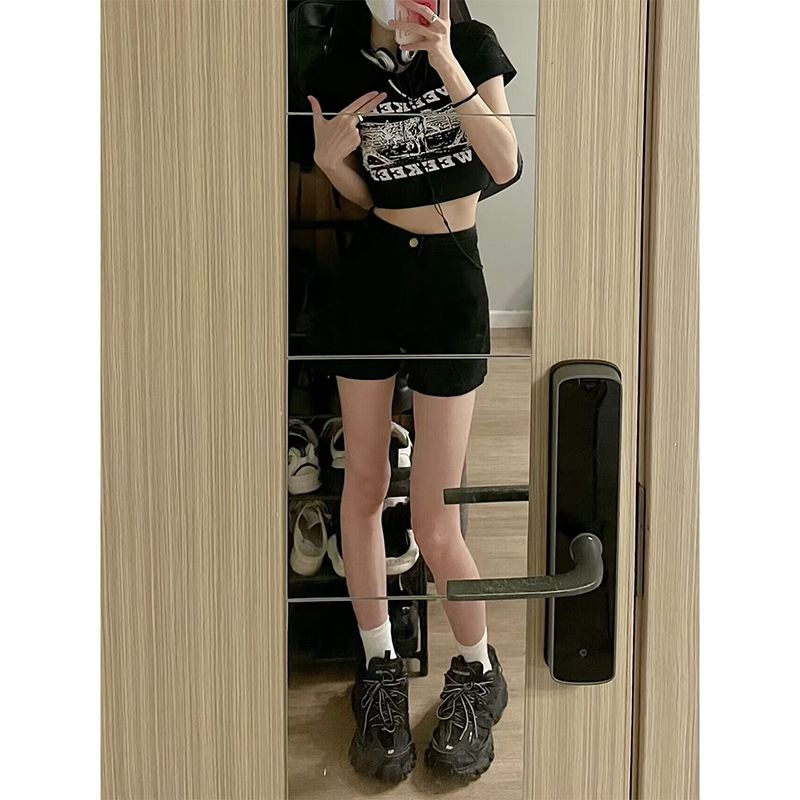黑色熱褲女寬鬆大碼胖mm高腰顯瘦牛仔短褲夏季外穿a字短褲子ins潮