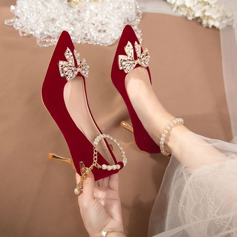 结婚新娘鞋婚纱两穿婚宴秀禾鞋细跟高跟女新款不累脚红色鞋女