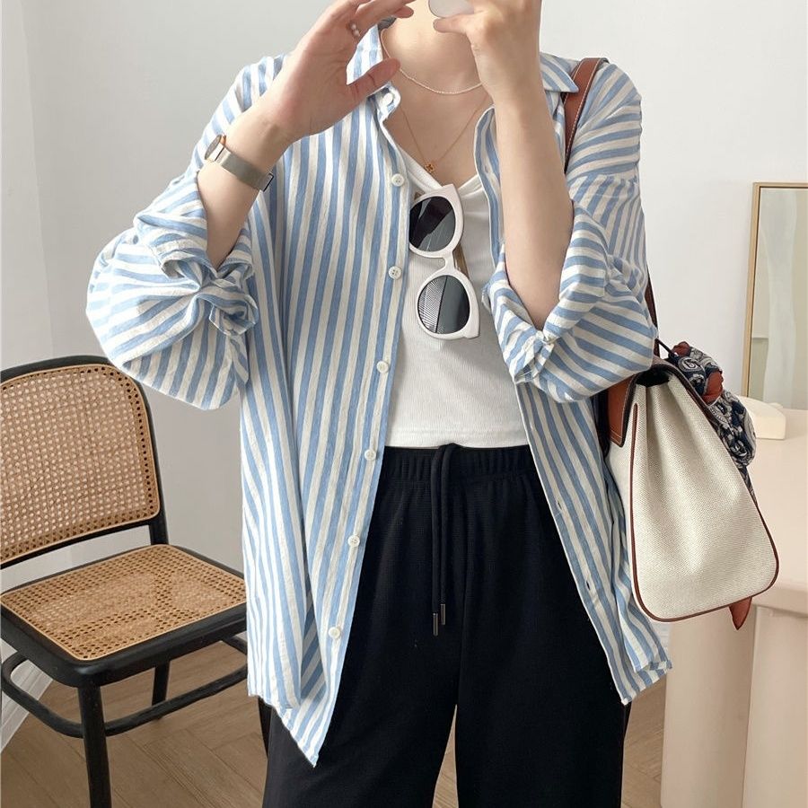 Grigio temperament, sun protection, breathable, vertical stripes, loose, casual, versatile long-sleeved shirt, trendy brand, versatile summer style