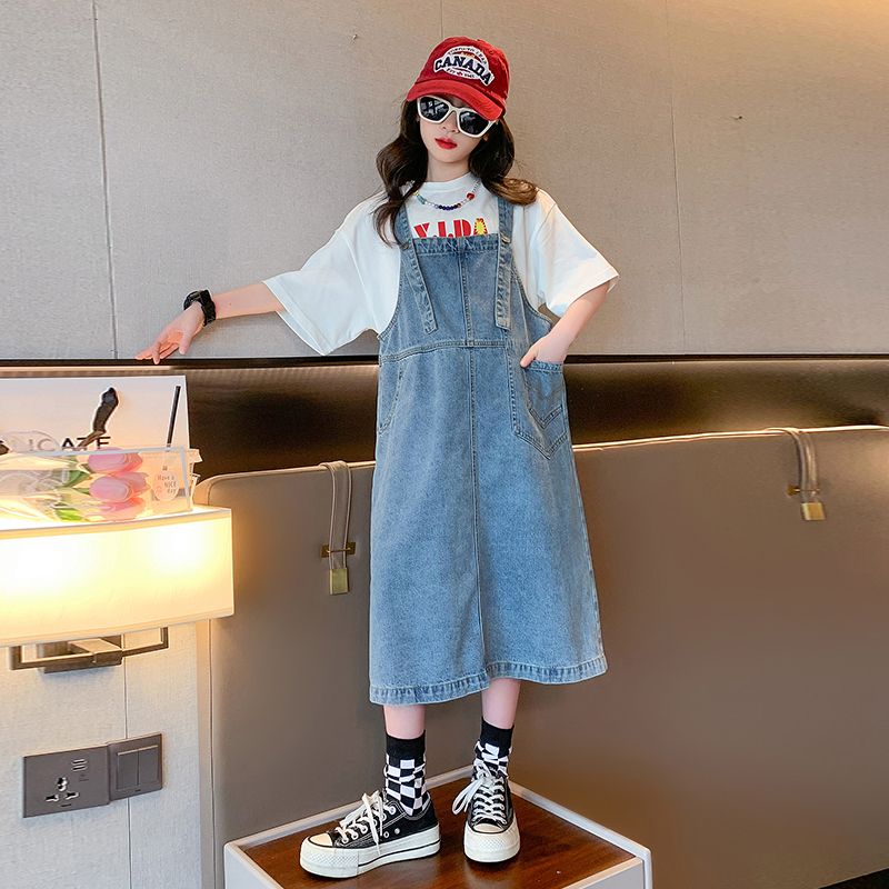 女童夏款背帶裙套裝2023新款中大童韓版洋氣牛仔連衣裙兒童裙子潮