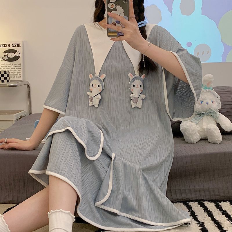 2023 new nightdress women's summer long cotton short-sleeved large size cute princess style sweet student summer pajamas skirt