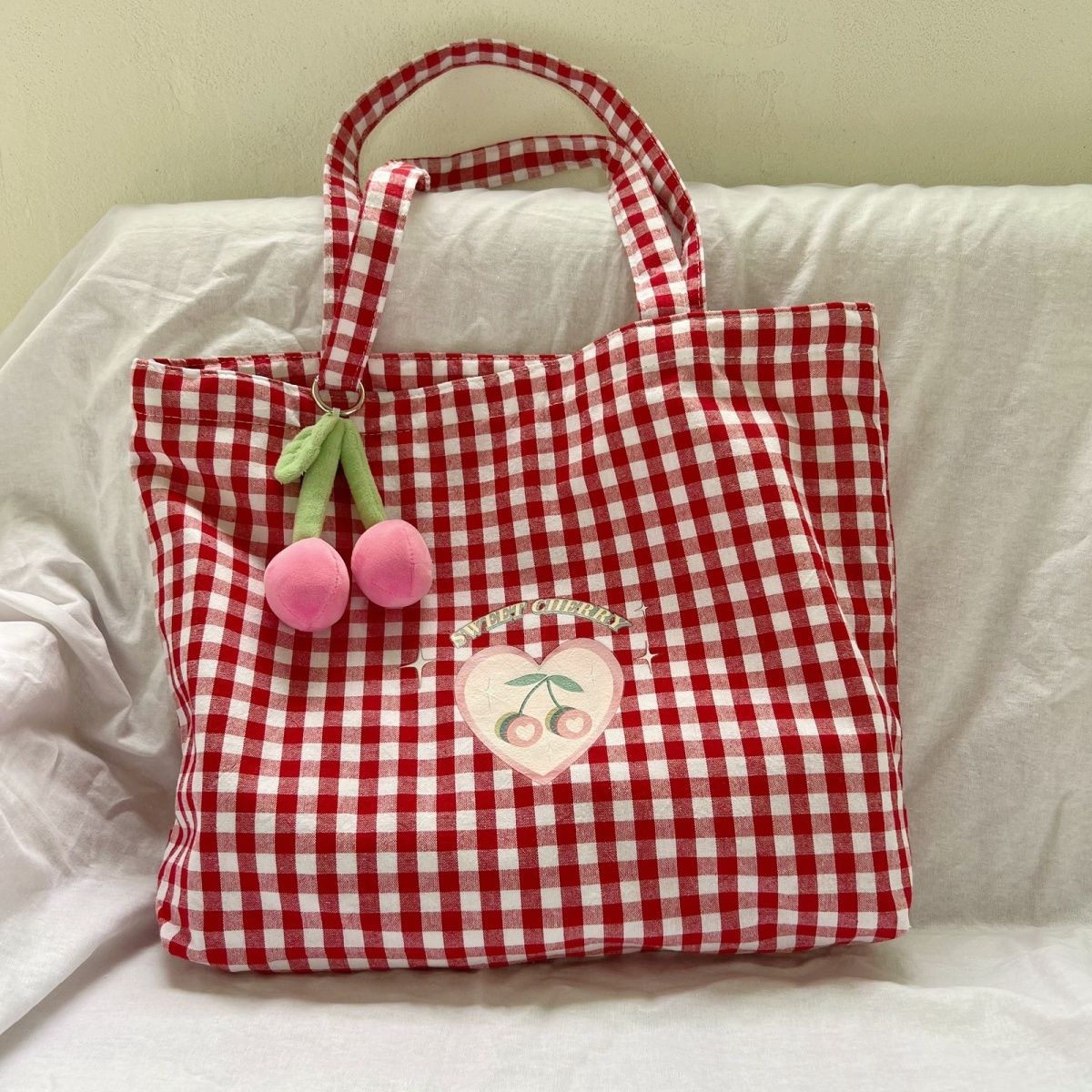2023 New Original Summer Versatile Cute Small Fresh Cherry Red Plaid Canvas Bag Female Student Shoulder Bag