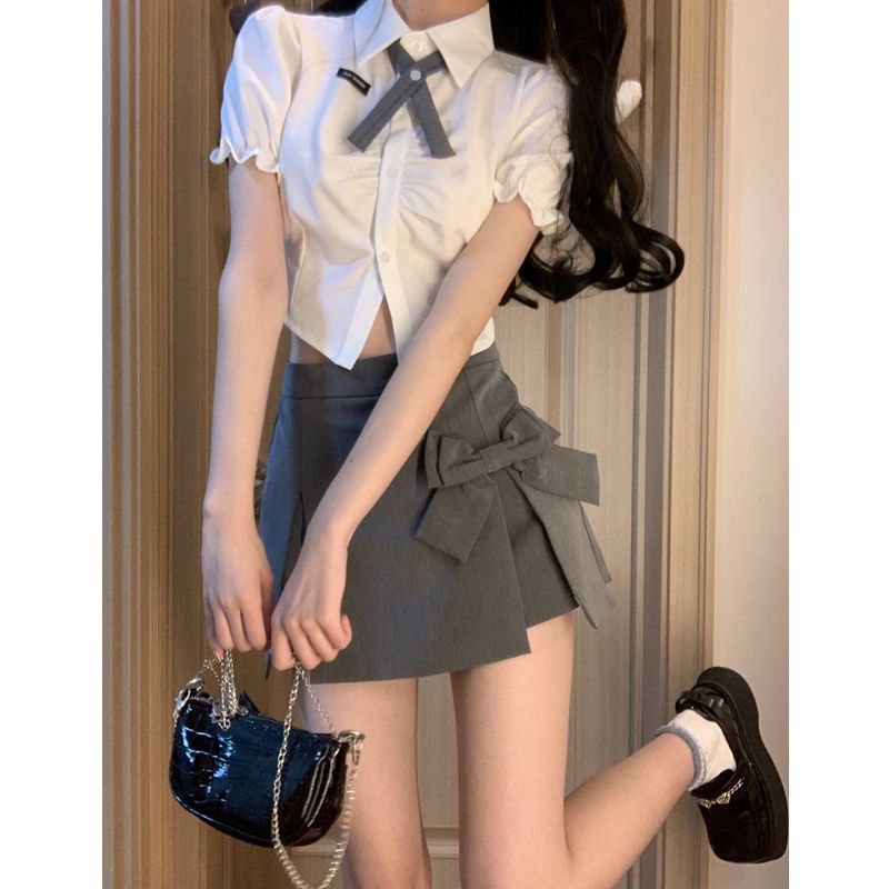 辣妹套裝短袖襯衫上衣女夏季裙子蝴蝶結開叉a字短裙半身裙兩件套