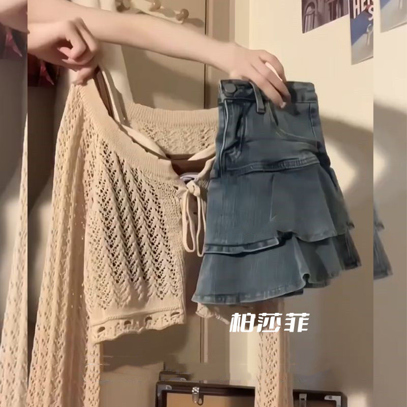 夏季溫柔系穿搭一整套女2023新款韓版吊帶罩衫牛仔半身裙三件套裝