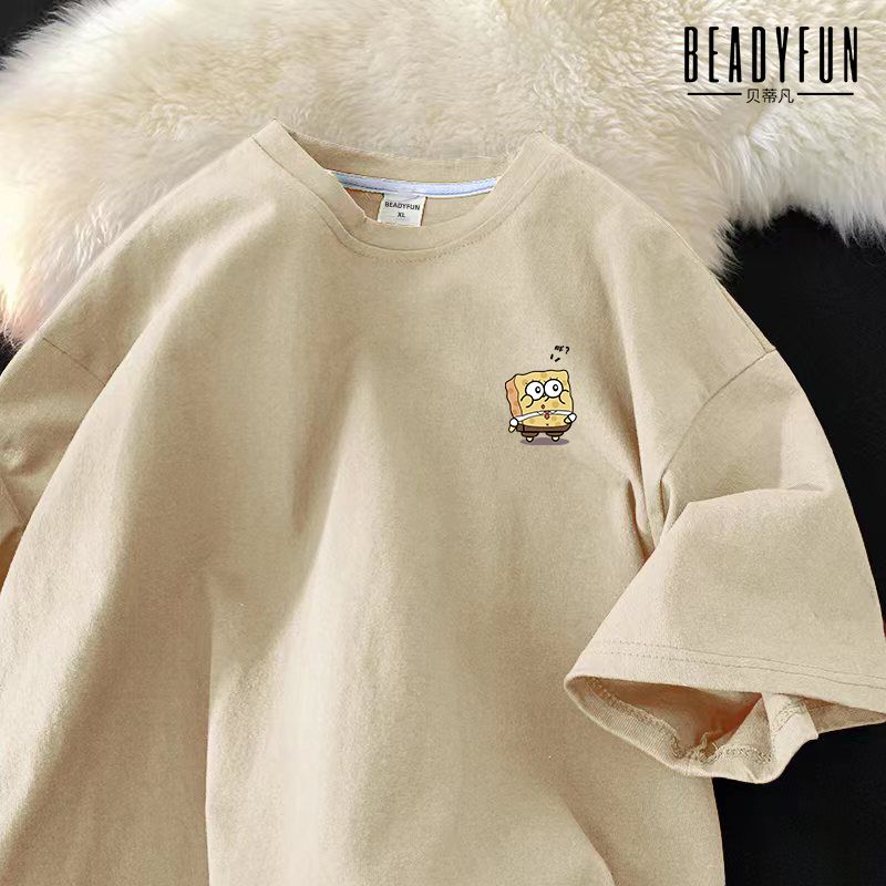 BEADYFUN卡通簡約短袖t恤男女百搭上衣服寬鬆ins學生潮流五分袖男