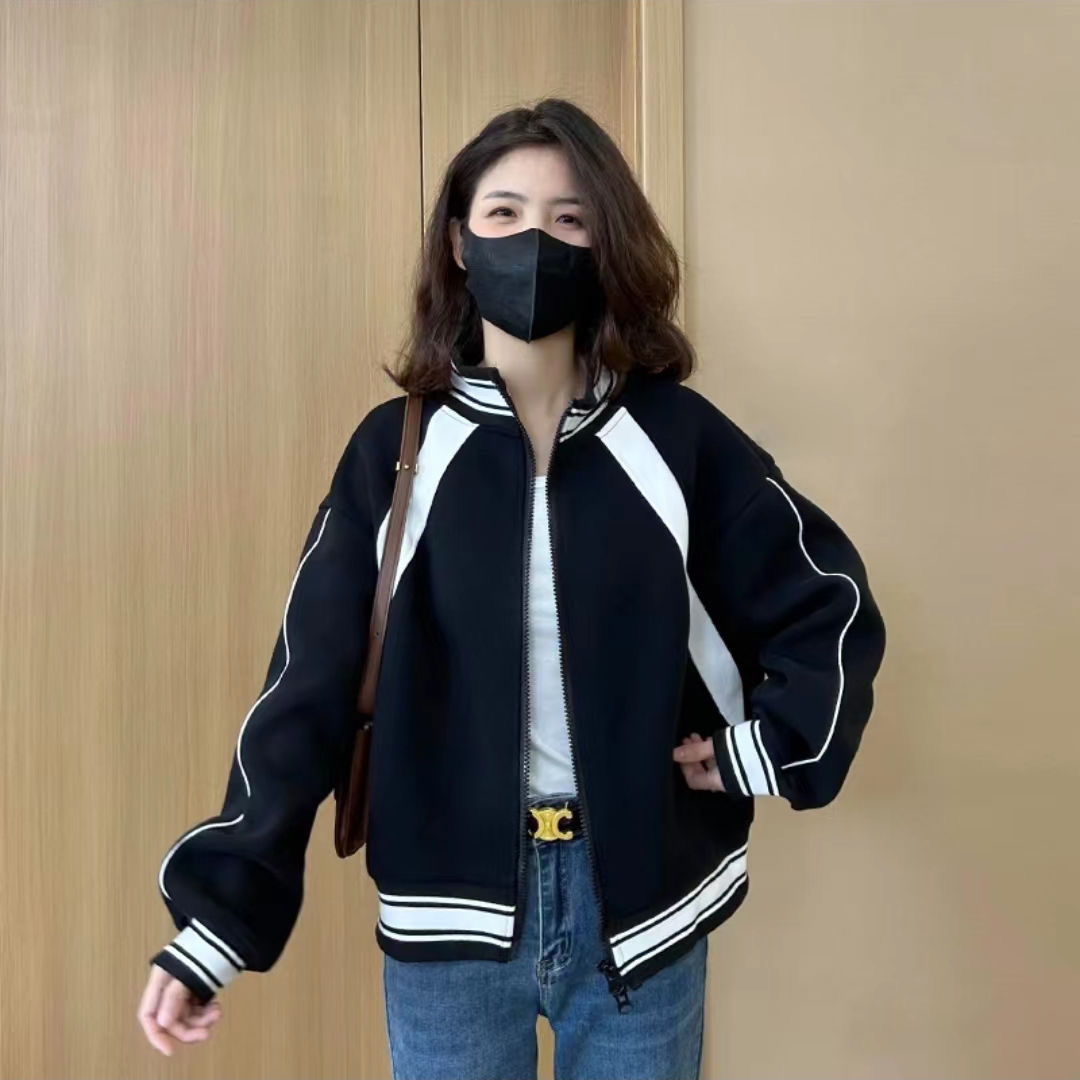 Lanhai Yinuo explosive style stand collar splicing baseball uniform women's 2023 autumn new slim loose all-match casual tops
