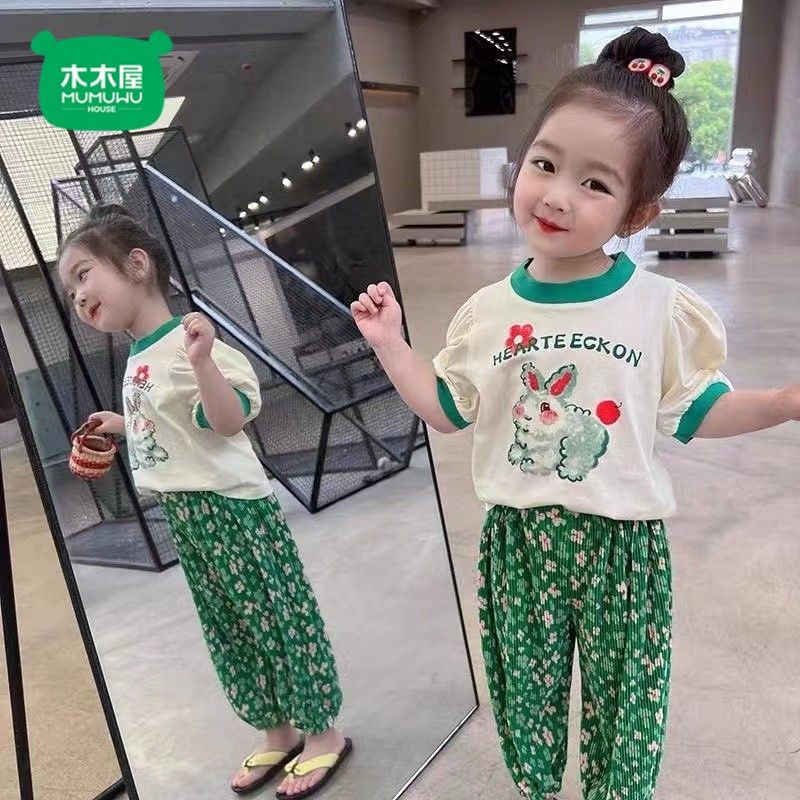  夏裝女童套裝2023新款女寶寶洋氣短袖T恤碎花褲薄款兩件套