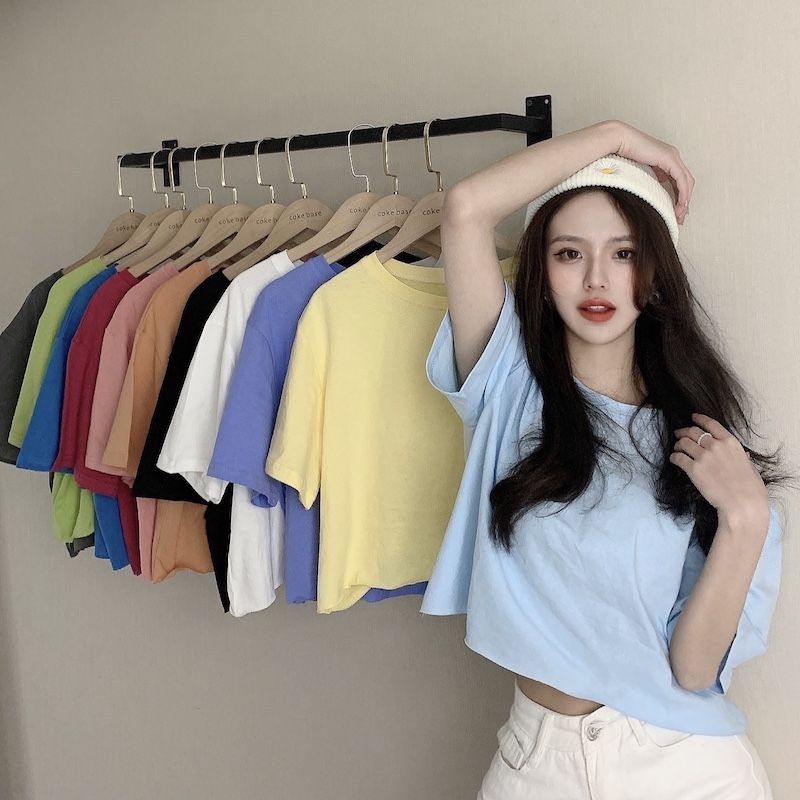 Candy color 220g heavy cotton short-sleeved T-shirt for women summer new loose ins style navel-baring short top