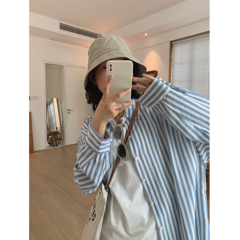 EFOLONG襯衫女設計感條紋鹽系純棉上衣外套寬鬆百搭防曬外穿襯衣