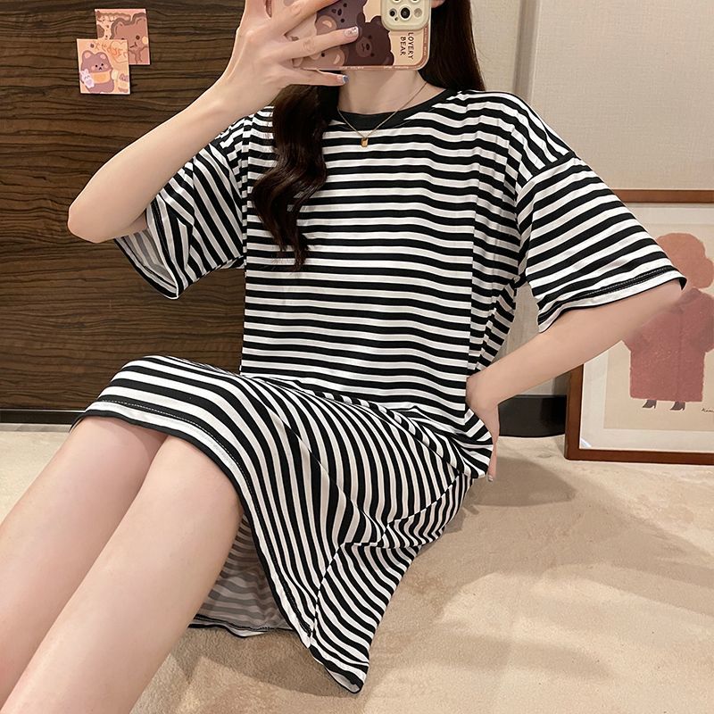 Pure cotton mid-length nightdress women's summer short-sleeved net red ins wind home service sweet and cute striped thin pajamas