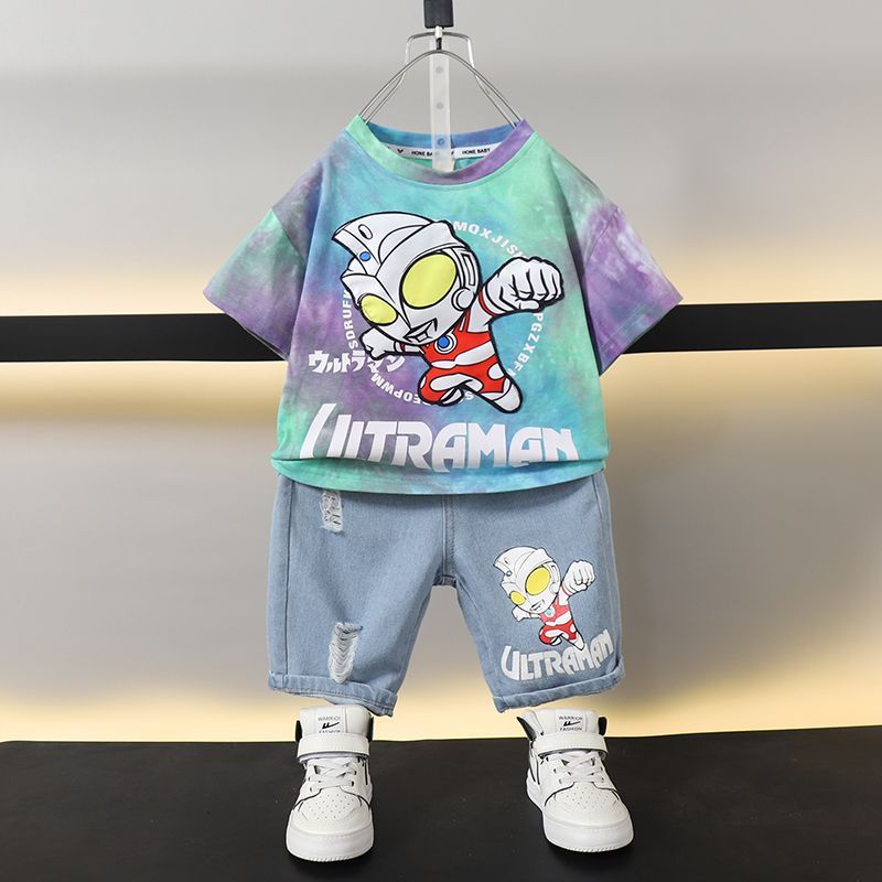 奧特曼衣服男童夏裝套裝2023新款洋氣寶寶夏季時髦短袖潮兒童亮燈