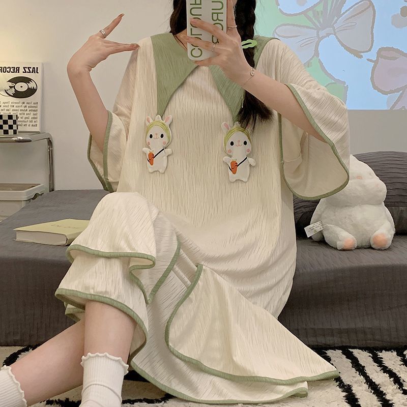 2023 new nightdress summer women's short-sleeved cotton loose cute long princess wind pajamas summer home service