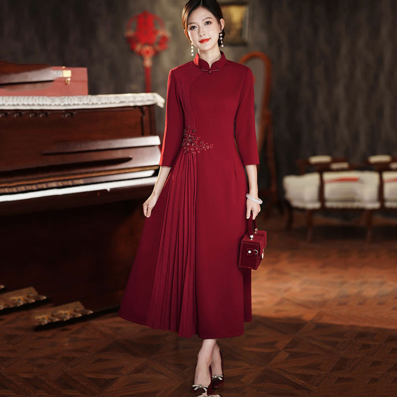 旗袍喜婆婆婚宴裝年輕媽媽禮服高貴紅色2023新款平時可穿改良中式