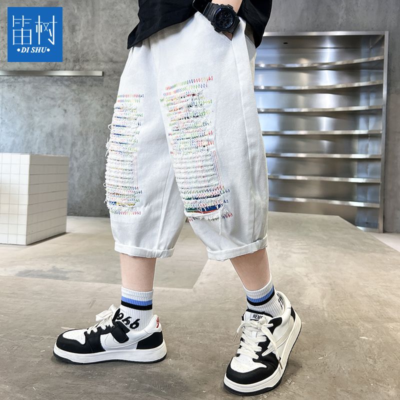 男童牛仔褲2023新款五七分褲子夏季薄款洋氣兒童炸街破洞中褲潮牌
