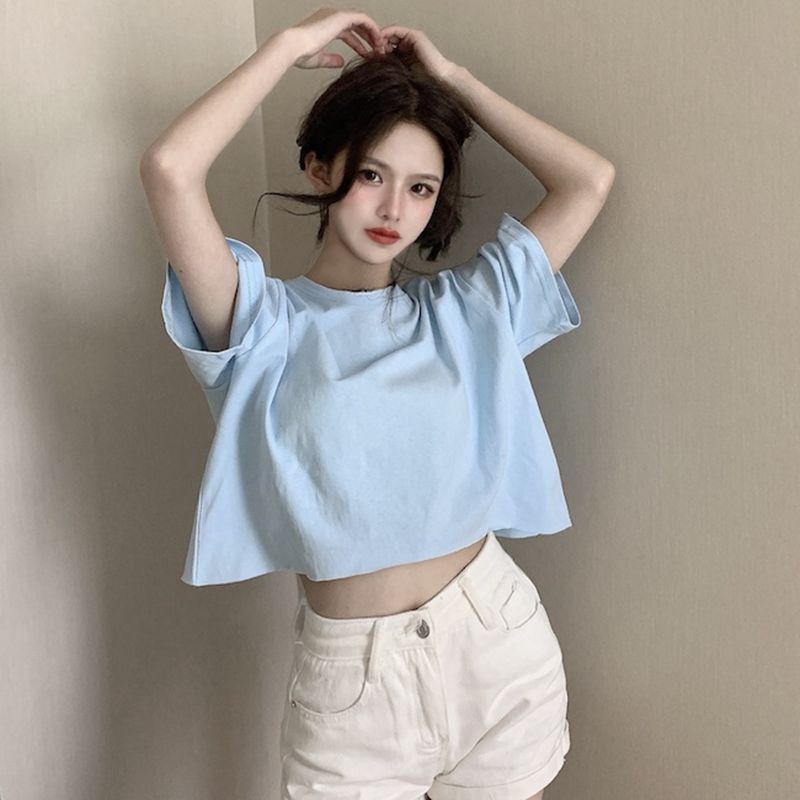 Candy color 220g heavy cotton short-sleeved T-shirt for women summer new loose ins style navel-baring short top