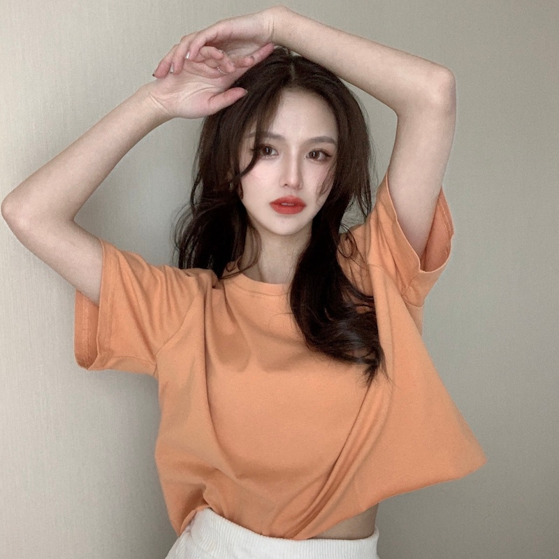 Candy color 220g heavy cotton short-sleeved T-shirt for women summer new loose ins style navel-baring short top