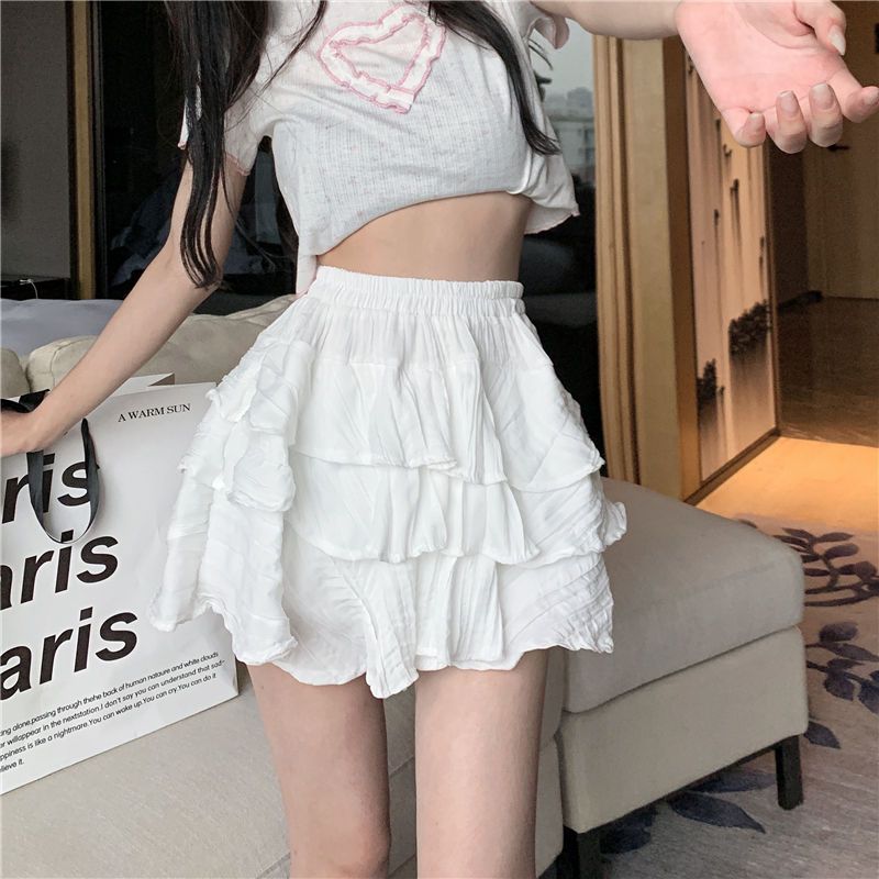 White a-line skirt female  spring and summer new niche pure desire style all-match short skirt high waist slimming cake skirt