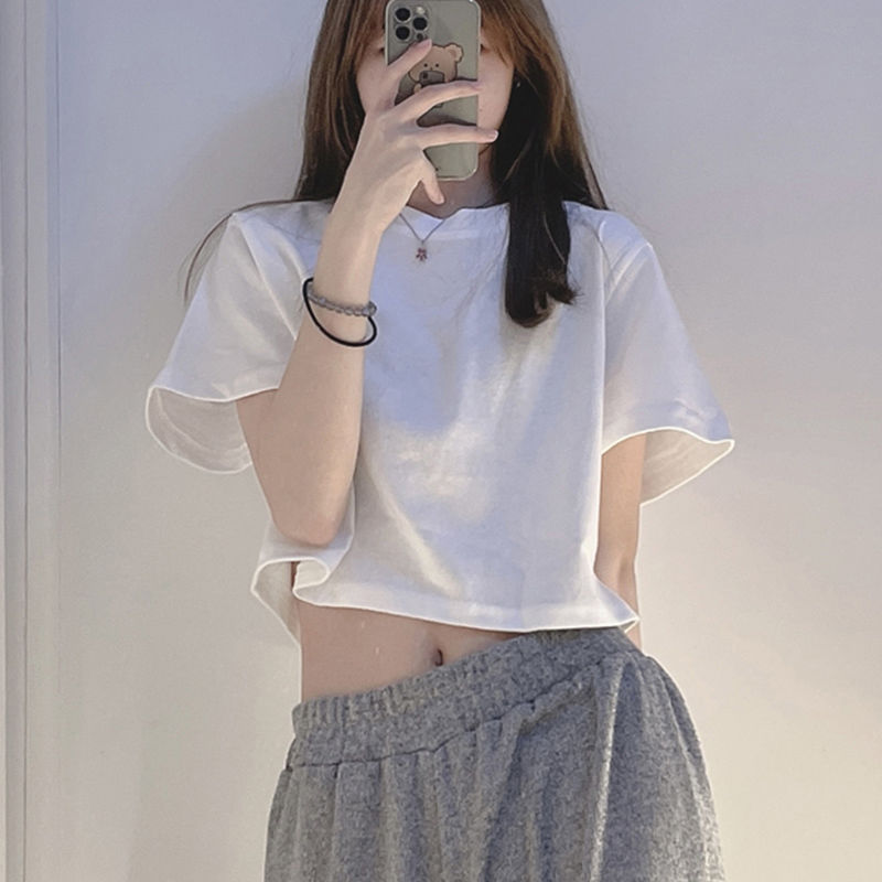 正肩辣妹上衣服純色短款t恤女性感ins露肚臍寬鬆短袖純欲風小個子