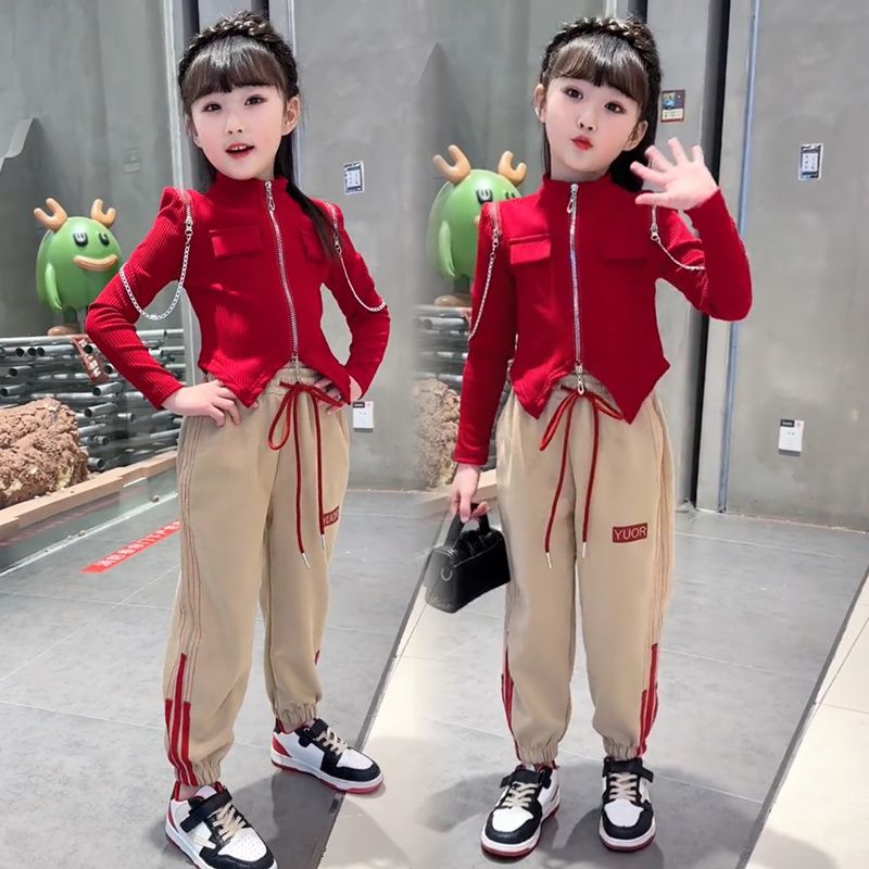 女童春裝套裝2023新款洋氣女孩時髦時尚長袖開衫網紅兒童運動褲子