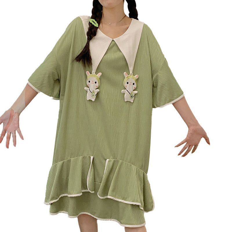2023 new nightdress summer women's short-sleeved cotton loose cute long princess wind pajamas summer home service
