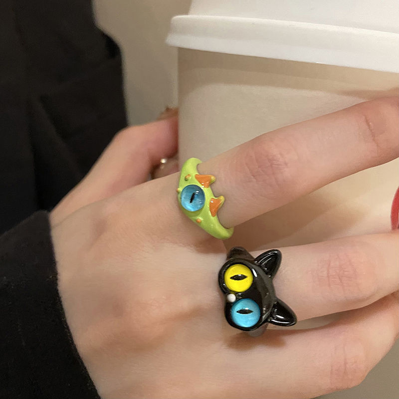 Funny black cat monster ring female ins niche design fashion personality ring girlfriends couple tail ring