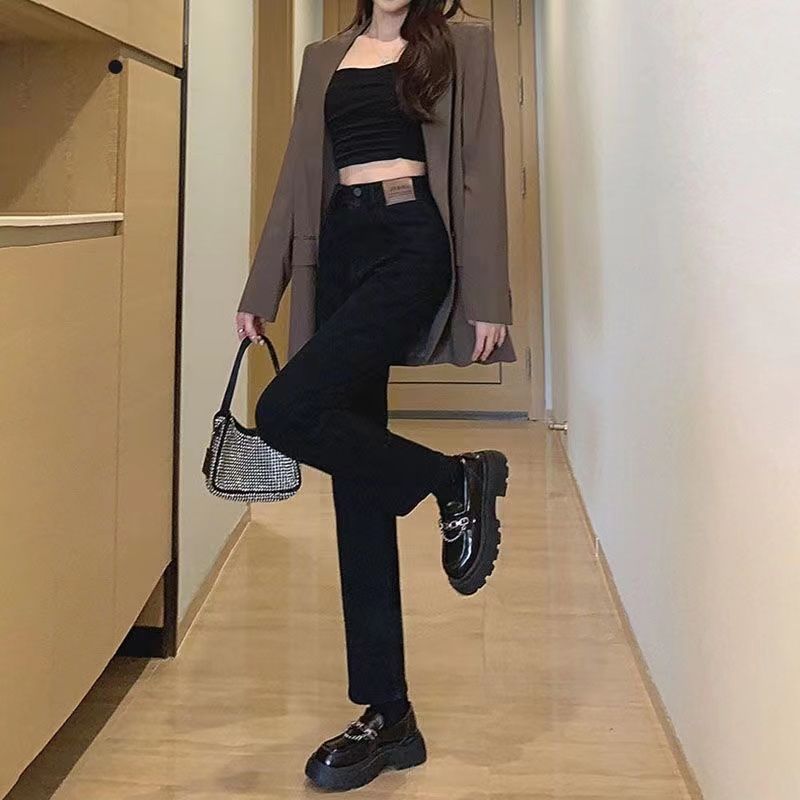 2023春季雙扣設計百搭九分褲高腰直筒顯瘦牛仔褲女新款彈力煙管褲