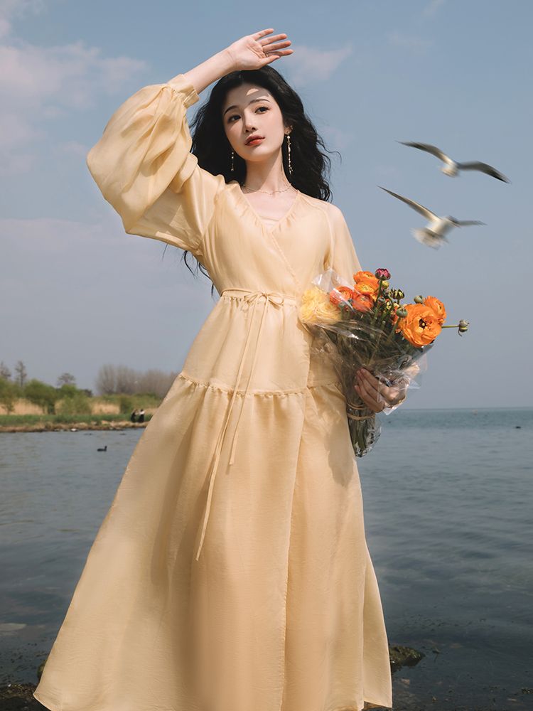 文藝復古雲南麗江旅遊海邊絕美溫柔風長裙連衣裙高級感超仙女裙子