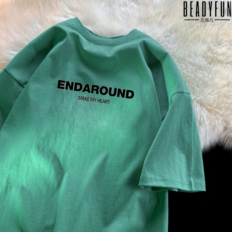 BEADYFUN夏季短袖男女t恤美式潮流ins港風寬鬆學生上衣圓領五分袖