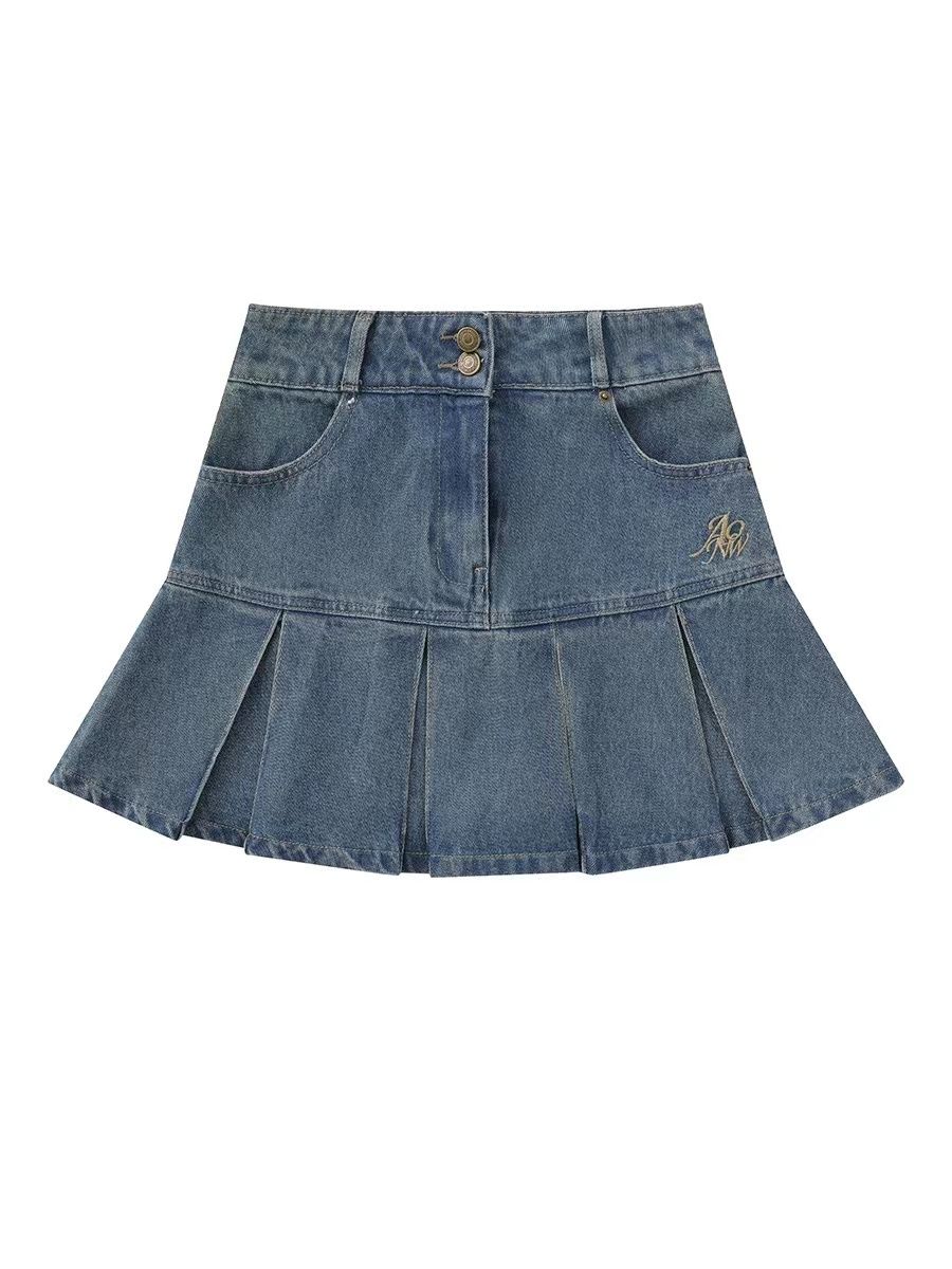 Spice girl denim skirt female 2023 new high waist a-line skirt retro pleated skirt small embroidery ins