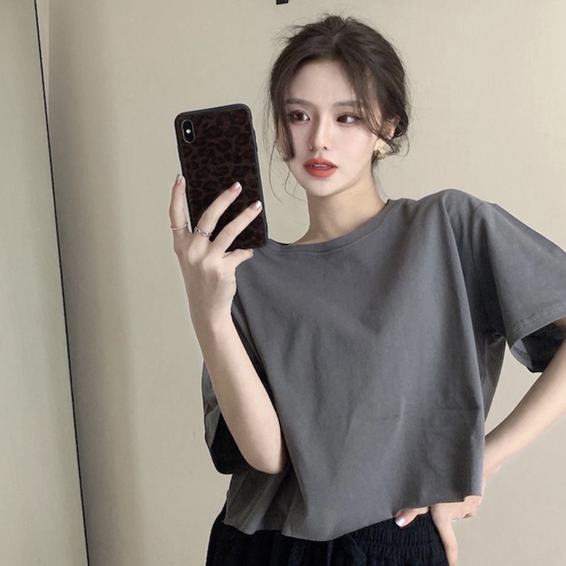 Candy color 220g heavy cotton short-sleeved T-shirt for women summer new loose ins style navel-baring short top