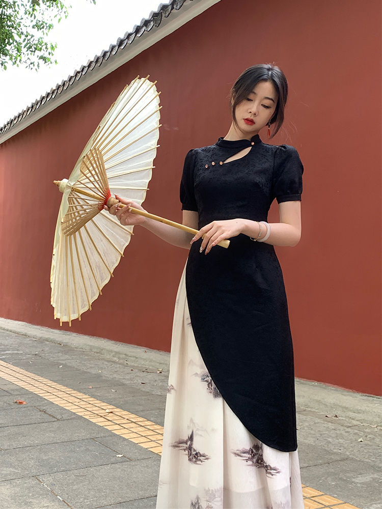水墨煙雨新中式氣質國風假兩件提花連衣裙修身旗袍裙顯瘦遮肉長裙