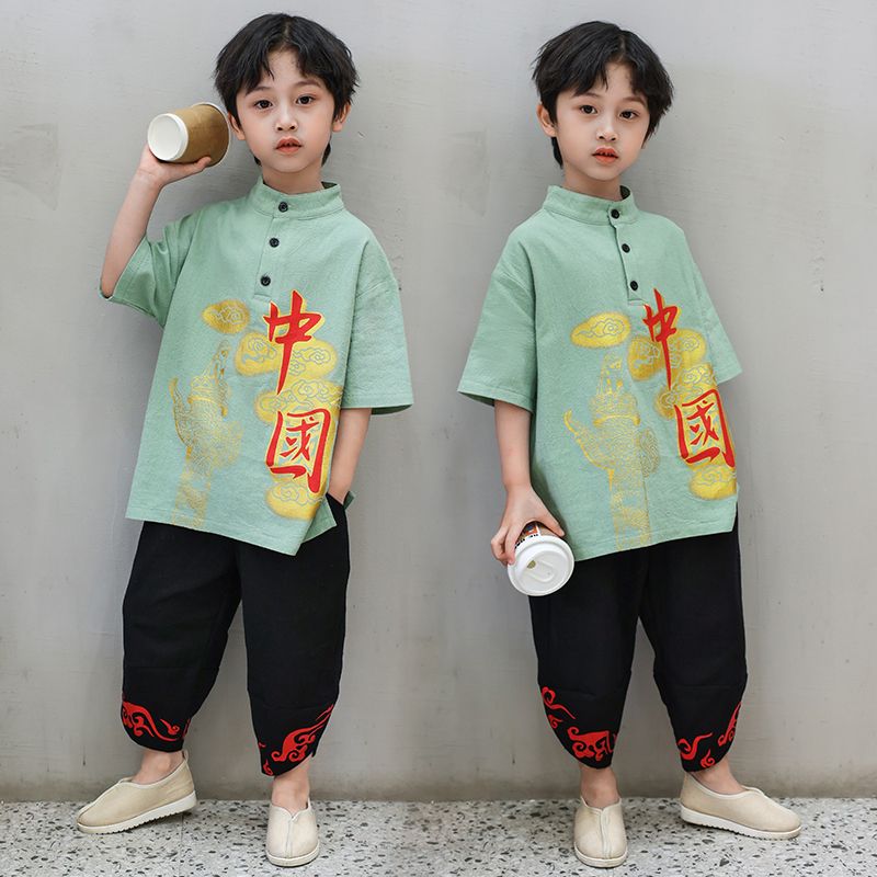 男童汉服夏款棉麻套装中国风唐装六一表演服儿童中大童复古民族风