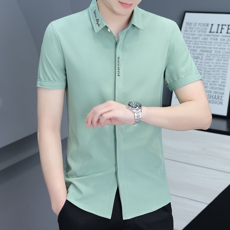 Summer new high-end lapel non-ironing shirt ice sense fashion men's short-sleeved shirt slim ice silk solid color inch coat