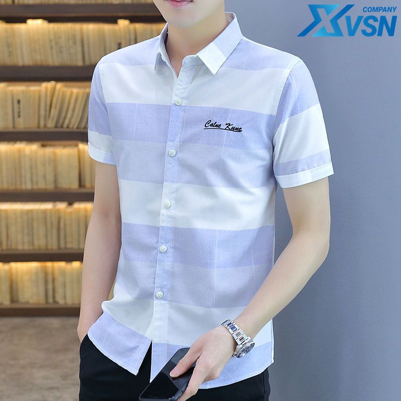 2023 Summer Men's Short-sleeved Shirts Korean Style Trendy Plaid Shirts Youth Casual Men's Inch Shirts Handsome Tops