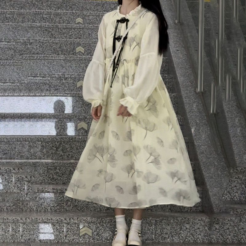 新中式立領復古文藝風蝴蝶結連衣裙女學生寬鬆顯瘦中長款a字裙子
