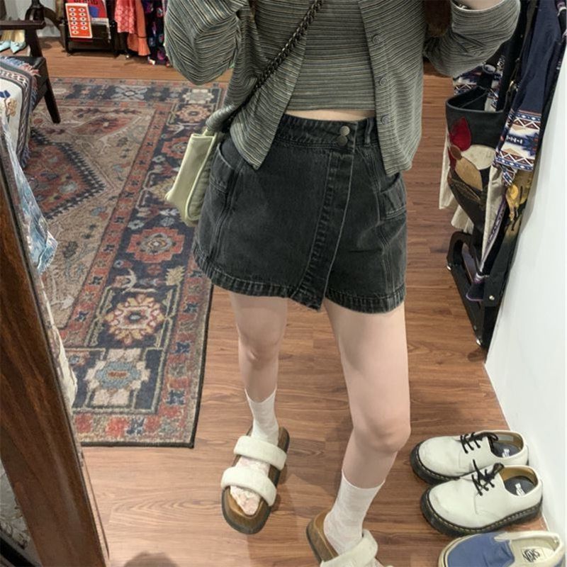Large size American denim culottes women's summer new retro high waist slim a-line small bag hip skirt