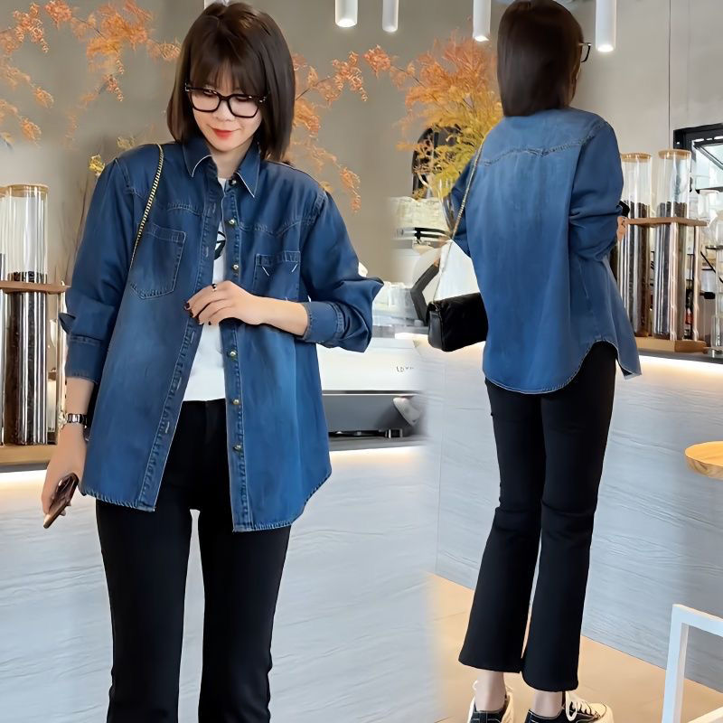 藍海亦諾刺繡寬鬆長袖牛仔襯衫外套女2023春季新款顯瘦休閒襯衣潮