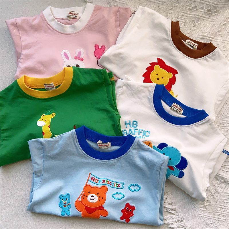 100% cotton summer new men and women small and medium children baby foreign style heavy industry patch embroidery short-sleeved T-shirt top
