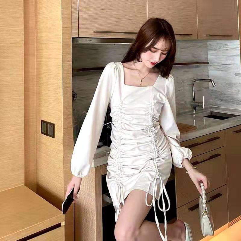 [High quality] Korean style new fashion plus size dress slimming and pleated lace-up puff sleeve short skirt for women